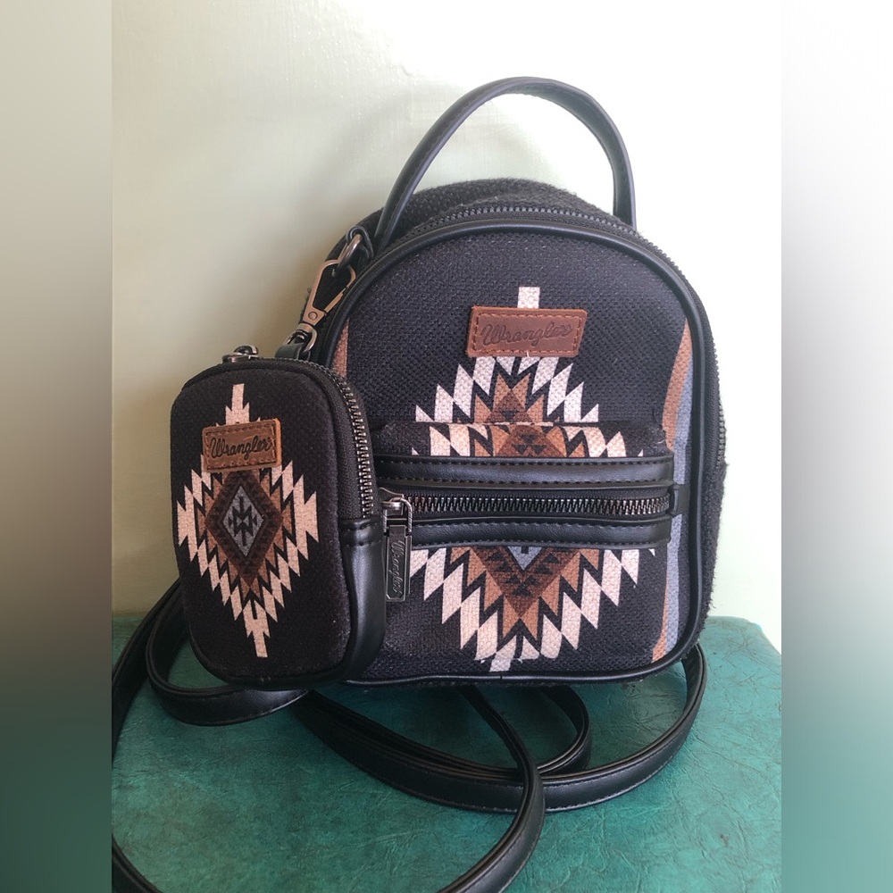 Wrangler Ladies Southwestern Black Mini Backpack With Coin Purse Western Rodeo